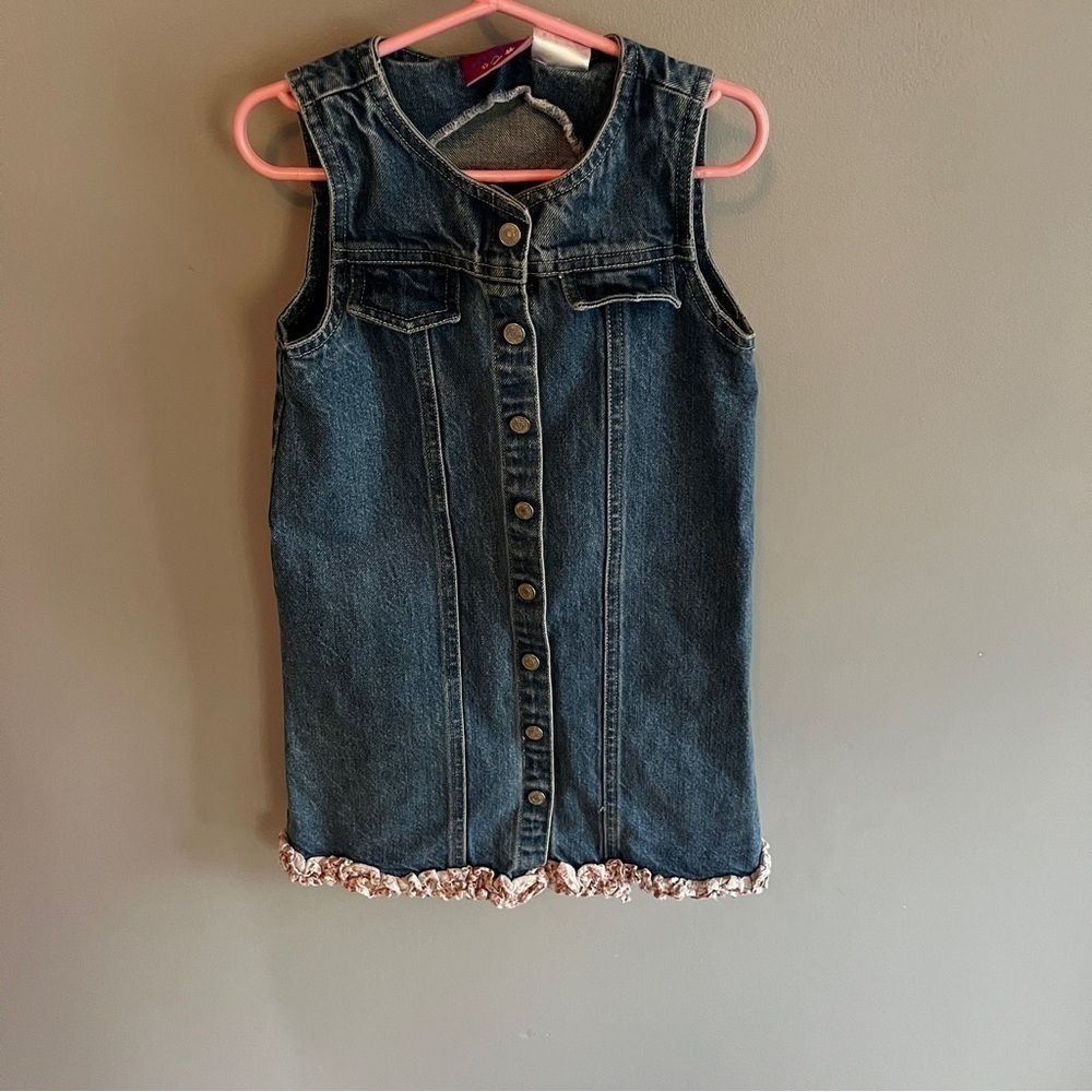 Vintage Kids Denim Dress buttons Ruffle no size ?size 4T ?
